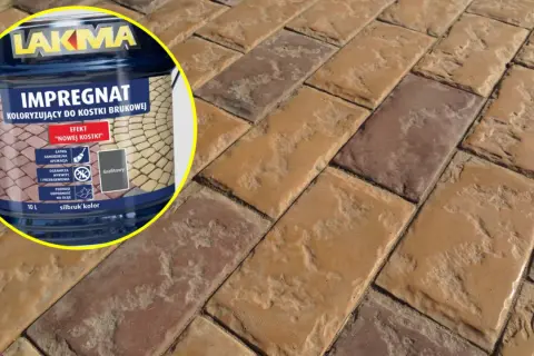 Lakma Impregnat Koloryzujący do kostki brukowej w odcieniu grafitowym, odnawia wygląd nawierzchni, nadając jej efekt "nowej kostki".