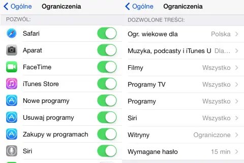 Ustawienia kontroli rodzicielskiej na telefonie. Można tu zarządzać dostępem do aplikacji, treści i funkcji, np. Safari, Aparat, FaceTime, iTunes Store, Programy, Siri.