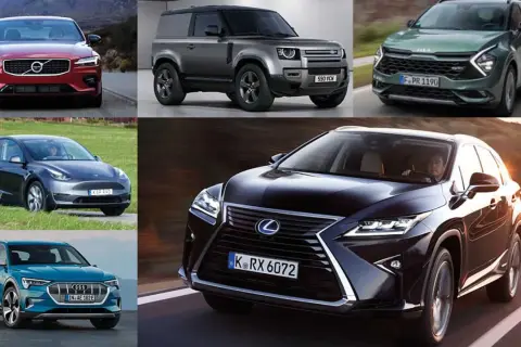En samling bilar, inklusive Volvo, Land Rover, Kia, Tesla, Audi och Lexus, som representerar bilar med minst fel på bilprovningen.