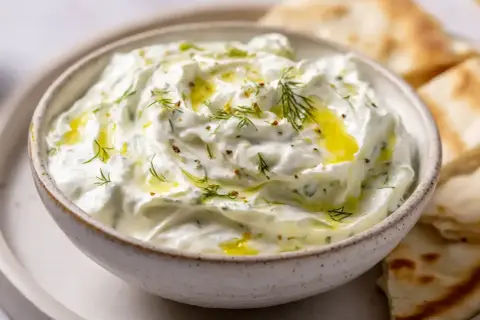 Krämig tzatziki med dill och olivolja, perfekt till pitabröd. Ett enkelt tzatziki recept att prova!