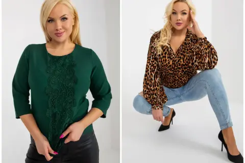 Eleganckie bluzki wieczorowe plus size: butelkowa zieleń z koronką i panterka z bufkami. Idealne na specjalne okazje.