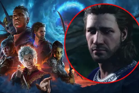 Postać z gry Baldur's Gate 3 premiera, otoczona przez innych bohaterów i mistyczną poświatę.