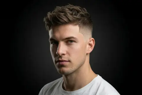 Un homme avec une coupe de cheveux texturée et un dégradé barbe à blanc, le regard intense.