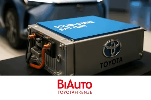 Un accumulatore allo stato solido Toyota, con logo e scritta "Solid-State Battery", pronto per rivoluzionare il futuro dell'elettrico.