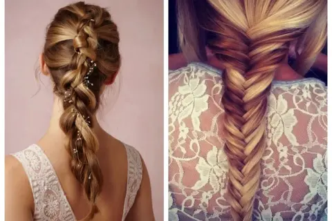 Dos peinados de boda: trenza con perlas y trenza de espiga.