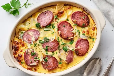 En krämig gratäng med korvskivor, lök och ost. Ett härligt korv recept som ser otroligt gott ut!