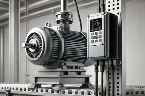 Silnik elektryczny z falownikiem napięcia, zamontowany na taśmociągu w hali produkcyjnej.