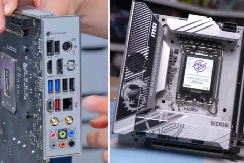 Placa base MSI con zócalo LGA 1851, lista para el futuro. Muestra el panel trasero con puertos y el frontal con disipadores.
