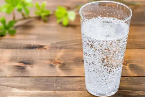 Un verre rempli d'eau gazeuse pétillante, sur une table en bois. Une branche avec des feuilles vertes floues est visible à gauche.