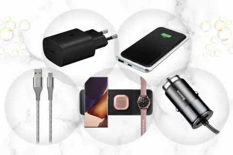 Różnorodne typy ładowarek do telefonów: sieciowa, bezprzewodowa, samochodowa, kable USB i ładowarka do zegarka.
