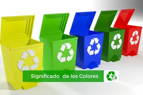 Cinco cubos de basura de colores (amarillo, verde, azul, verde, rojo) con símbolos de reciclaje. El texto dice "Significado de los Colores".