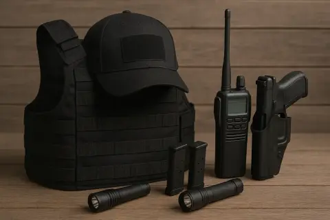 Chaleco táctico, gorra, linternas, cargadores, radio y pistola en funda. Equipo de seguridad **Miltec** listo para la acción.