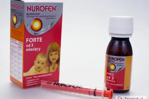 Nurofen dla dzieci Forte, zawiesina doustna o smaku truskawkowym, z dozownikiem. Informacje o dawkowaniu dla niemowląt i dzieci od 3 miesiąca życia.