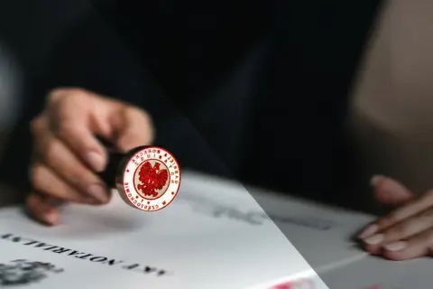 Dłoń trzyma pieczęć notarialną z orłem, gotową do złożenia podpisu na akcie poświadczenia dziedziczenia.