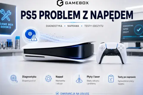 Konsola PS5 z kontrolerem, obok ikona płyty z wykrzyknikiem. Reklama serwisu PS5 problem z napędem, jak włożyć płytę do PS5.