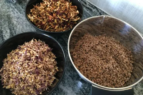 Förberedelser för friluftsliv mat recept: torkade grönsaker och köttfärs i skålar.