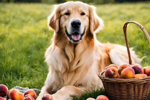 Goldener Retriever genießt ein Picknick mit Nektarinen und Pfirsichen im Gras.