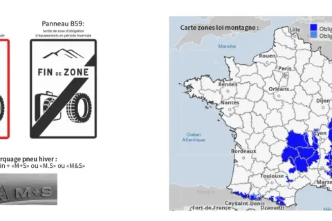 Carte des zones où le pneu neige est obligatoire en France. Panneaux signalant l'entrée et la sortie de ces zones.