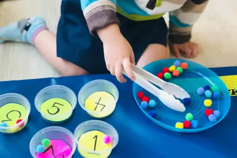 Toddler sorting colorful pom-poms into numbered cups. A fun activity for what to do with toddlers at home, practicing fine motor skills and number recognition.