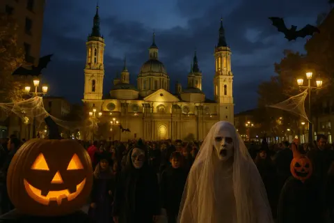 Gente disfrazada de fantasmas y calabazas celebra Halloween Zaragoza frente a la Basílica del Pilar iluminada. Murciélagos de cartón decoran la noche.