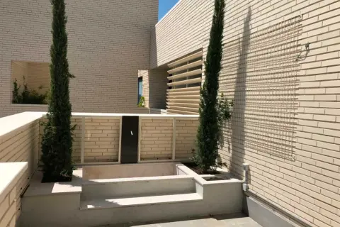 Un jardín moderno con cipreses y una fuente, un retranqueo ejemplo de diseño minimalista.