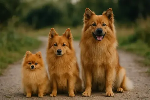 Trois chiens de race spitz moyen, de tailles différentes, posent sur un chemin. Le plus petit est un chiot, le moyen et le plus grand sont des adultes.