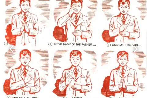 Ilustracja pokazuje sześć kroków, jak się przeżegnać: od złożenia rąk, przez dotykanie czoła, piersi, po złożenie rąk na amen.