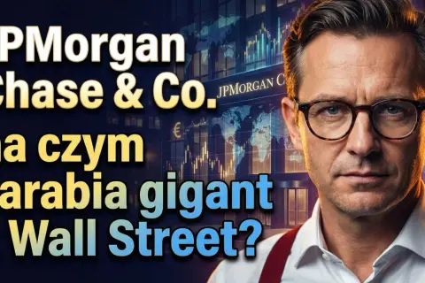 Mężczyzna w okularach na tle wykresów giełdowych i mapy świata. Napisy: JPMorgan Chase & Co.