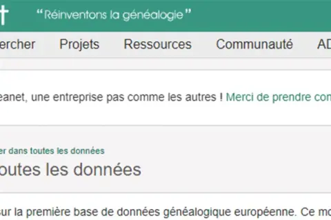 Menu Geneanet : "Ma généalogie" > "Voir mon arbre". Option "Envoyer un GEDCOM" visible.