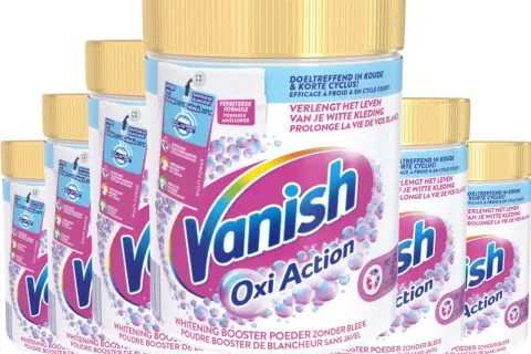 Kilka opakowań proszku do prania Vanish Oxi Action z żółtymi nakrętkami.
