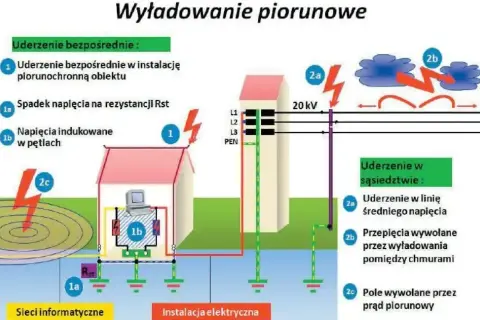 Ilustracja pokazuje uszkodzenie sprzętu przez przepięcie wywołane uderzeniem pioruna w instalację lub w pobliżu.