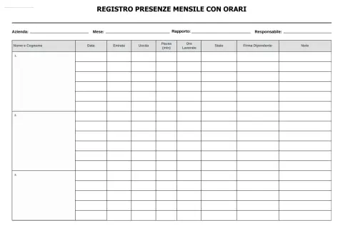 Registro presenze dipendenti mensile con orari, per tracciare entrate, uscite, pause e ore lavorate.