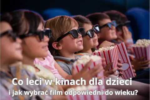Dzieci w okularach 3D z popcornem w kinie, szukają najlepszych filmów fantastycznych dla dzieci.