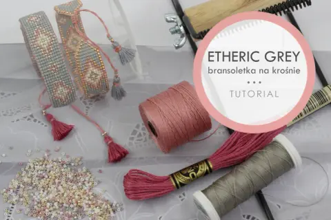 Bransoletki z koralików, nici, koraliki i narzędzia do tworzenia biżuterii.