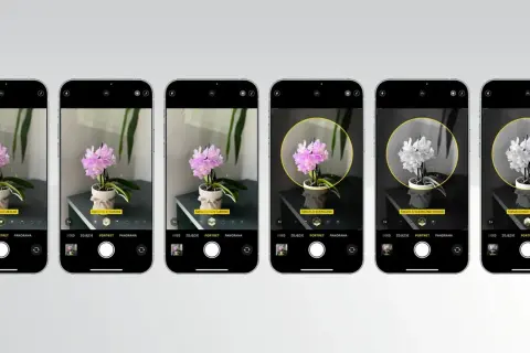 Sześć ekranów iPhone'a pokazuje, jak zrobic dobre zdjecia kwiatów, prezentując różne efekty oświetlenia portretowego: naturalne, studyjne, konturowe, sceniczne i monochromatyczne.