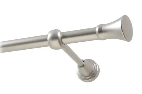 Srebrny metalowy karnisz z uchwytem i ozdobnym zakończeniem.