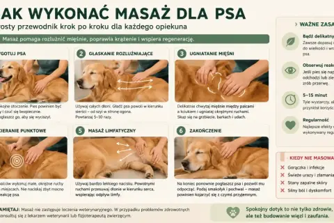 Delikatny masaż psa: przygotowanie, głaskanie, ugniatanie mięśni, rozcieranie, masaż limfatyczny i zakończenie. Relaksuje, poprawia krążenie.