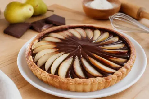 Une délicieuse tarte poire chocolat, garnie de fines tranches de poires sur un lit de ganache onctueuse.