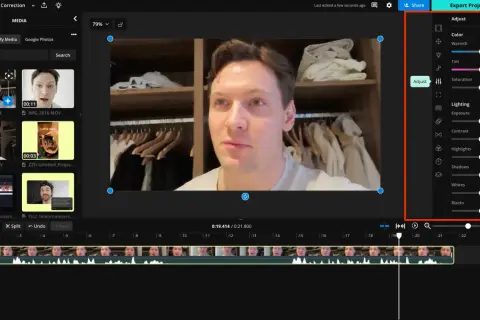 Panel edycji wideo z opcjami korekcji koloru, w tym suwakami do regulacji ciepła, nasycenia i ekspozycji, tworząc płynną gradację kolorów.