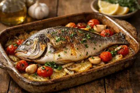 Dorada al horno, lista para servir. Cocinada a 180 grados con patatas, tomates y ajo.