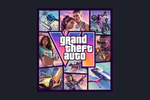 Plakat GTA 6: para z pistoletami, motocykl, helikopter, kobieta w bikini, gangster, aligator, samochód sportowy, mężczyzna z karabinem i flaming.