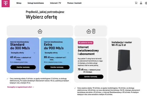 Oferty internetu światłowodowego: Standard do 300 Mb/s za 65 zł/mies., Extra do 900 Mb/s za 85 zł/mies. Pakiet światłowód i abonament za 75 zł/mies.