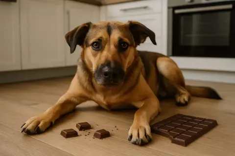 Pies leży obok czekolady, zastanawiając się, czy pies może jeść czekoladę. To niebezpieczna pokusa dla czworonoga.