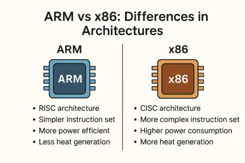 Comparativa de arquitecturas ARM vs x86: RISC vs CISC, eficiencia energética y generación de calor.