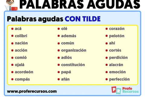 Lista de palabras agudas con tilde, como "corazón", "colibrí" y "acción". Aprende palabras de 7 letras con tilde.