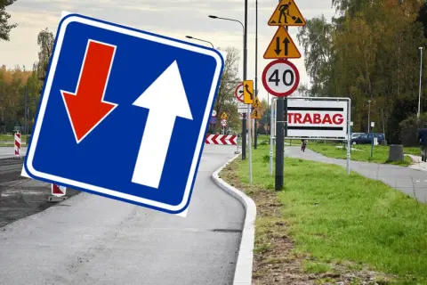 Znak D5 informuje o kierunku ruchu. Strzałka w górę oznacza jazdę prosto, a czerwona w dół – ustąp pierwszeństwa.