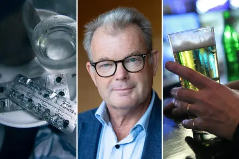 Triptyk som visar antidepressiva, en man med glasögon och ett glas öl. En påminnelse om riskerna med antidepressiva och alkohol.