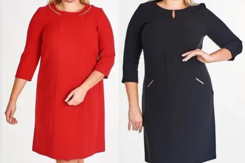 Dwie modelki plus size prezentują eleganckie sukienki wizytowe: czerwoną i czarną.
