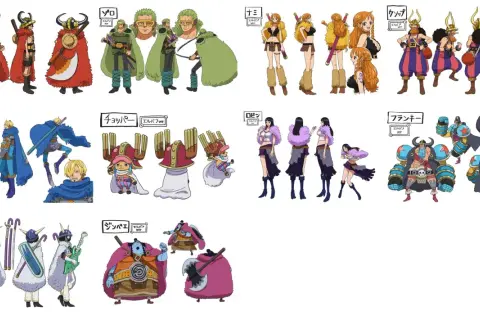 One Piece News: Strohhutpiraten im Elbaf-Stil! Luffy, Zoro, Nami, Usopp, Sanji, Chopper, Robin, Franky, Brook und Jinbe in neuen Outfits.
