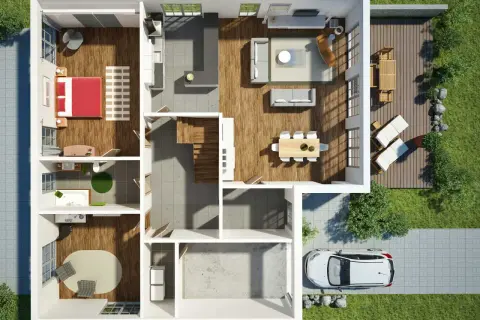 Ein moderner Grundriss mit Schlafzimmer, Bad, Küche, Wohn- und Essbereich. Ein Traumhaus mit Terrasse und Garage.
